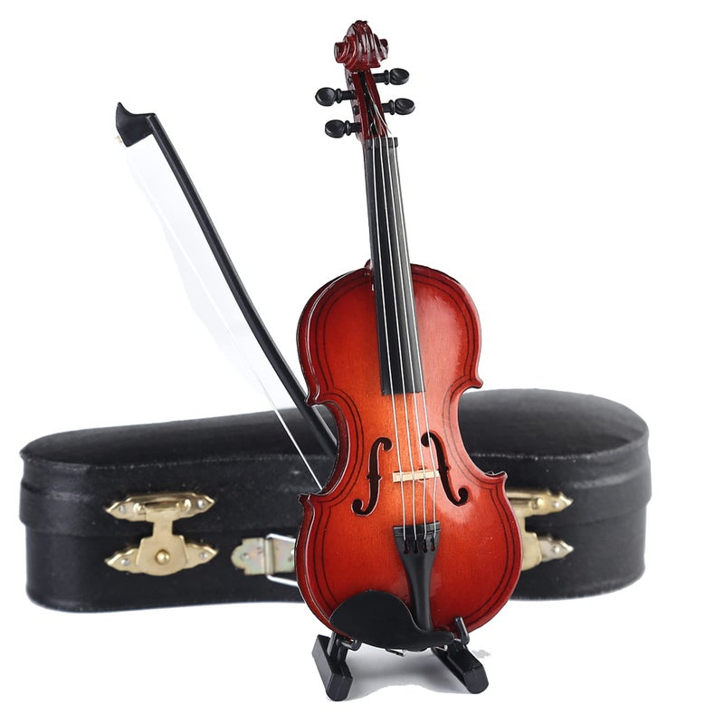 Dselvgvu Wooden Miniature Violin with Stand, Bow and Case Mini Musical Instrument Violin Replica Collectible Figurines Dollhouse Accessories Model Home Decoration Display Ornament (5.63"x2.05"x0.75") - Image 3